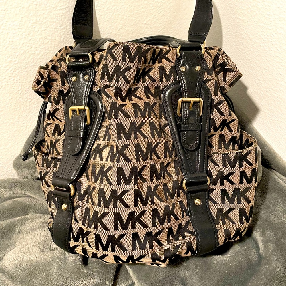 Michael Kors canvas hand bag monogram with grey and black